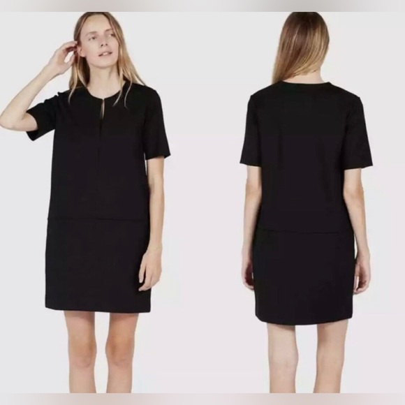 New EVERLANE The Ponte Short Sleeve Dress Black Split VNeck Mini Structured nwot - Picture 1 of 11